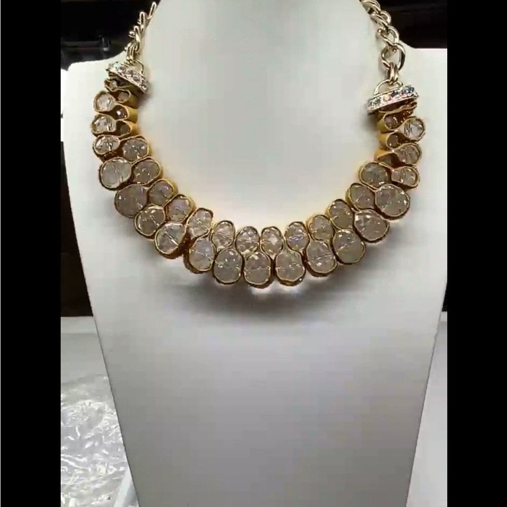 Stunning QVC necklace a blend of gold color textured ribbon and faceted crystals